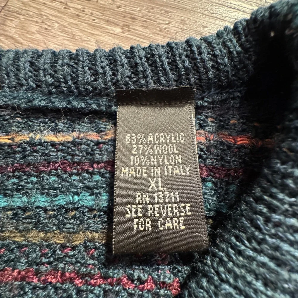 Brandini Sweater Mens XL Striped Wool Blend Made in Italy V Neck Retro Knit VTG